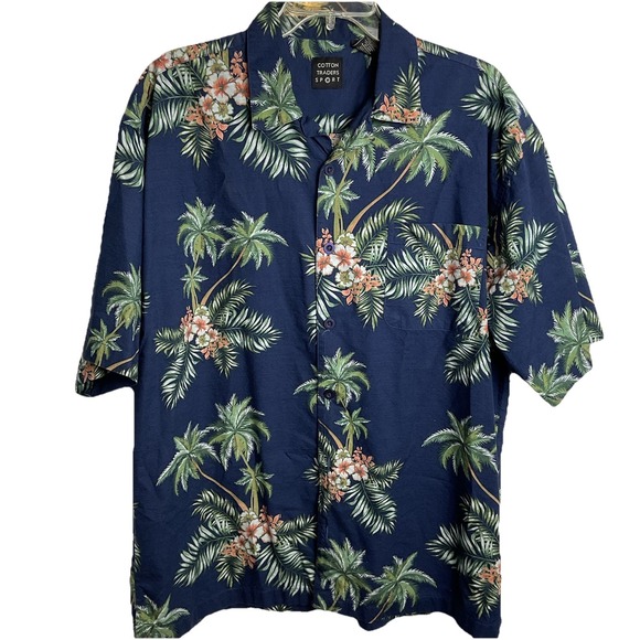Cotton Traders Mens XL Hawaiian Shrt Navy Blue Palm Floral Short Sleeve Pocket - Picture 1 of 7